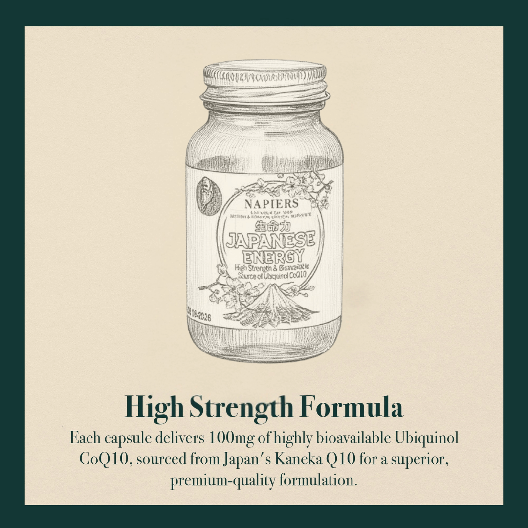 Line drawing of Napiers Japanese Energy high strength CoQ10 bottle with 100mg ubiquinol capsules