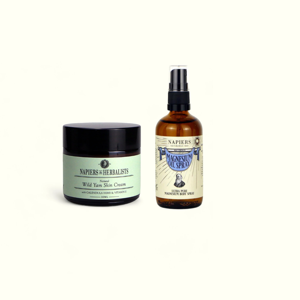 Napiers Wild Yam Cream in pale green jar and Magnesium Oil Spray in amber bottle with black spray top