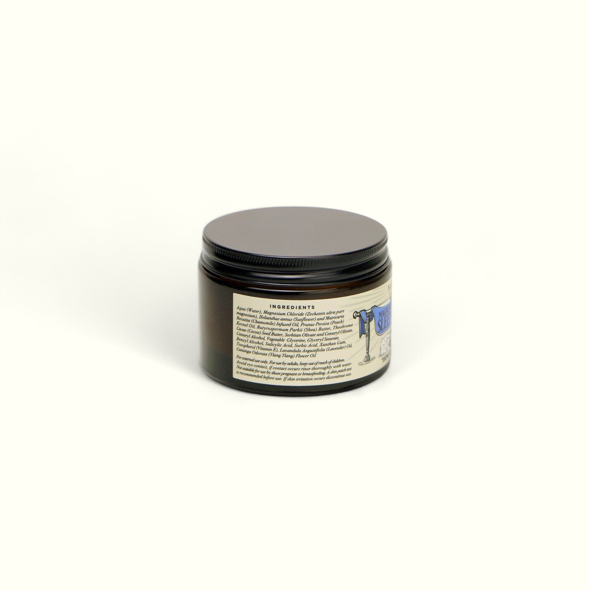 Napiers Magnesium Muscle & Sleep Cream jar back label displaying complete ingredients list