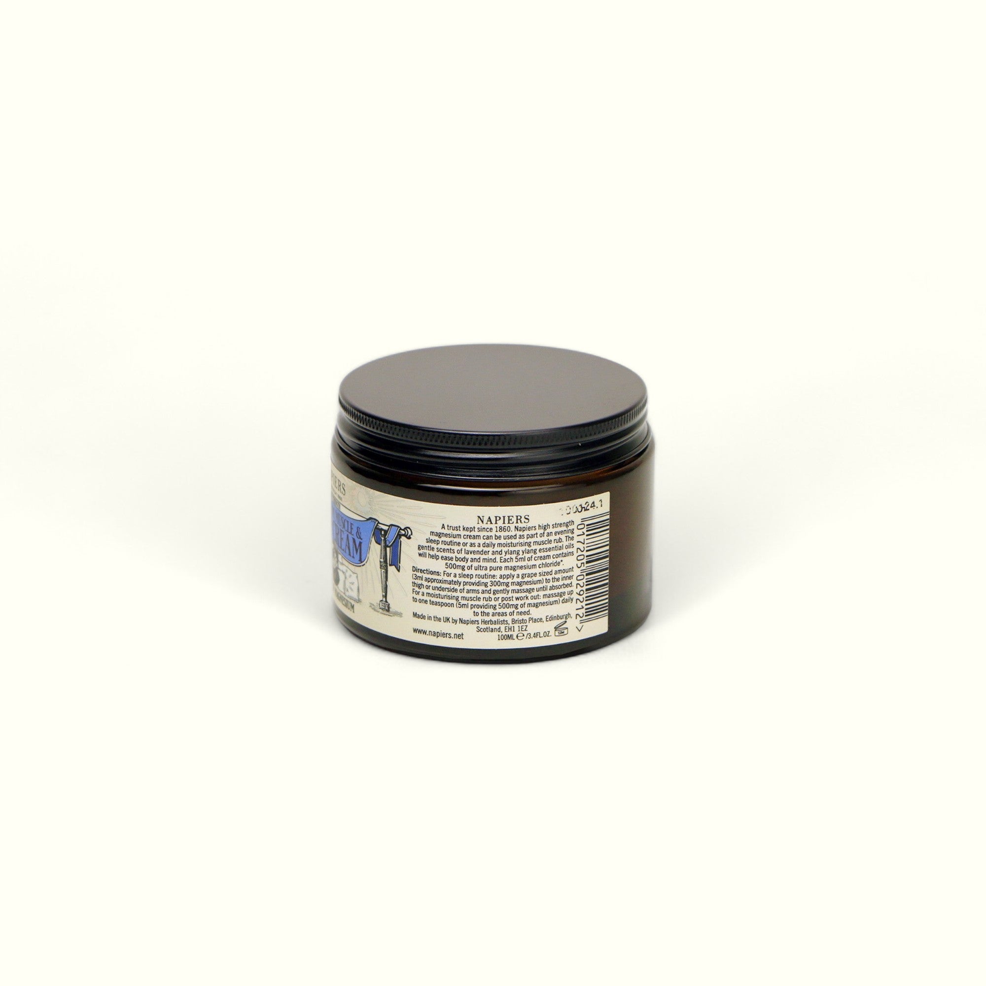 Back label of Napiers Magnesium Muscle & Sleep Cream showing full ingredients and usage instructions