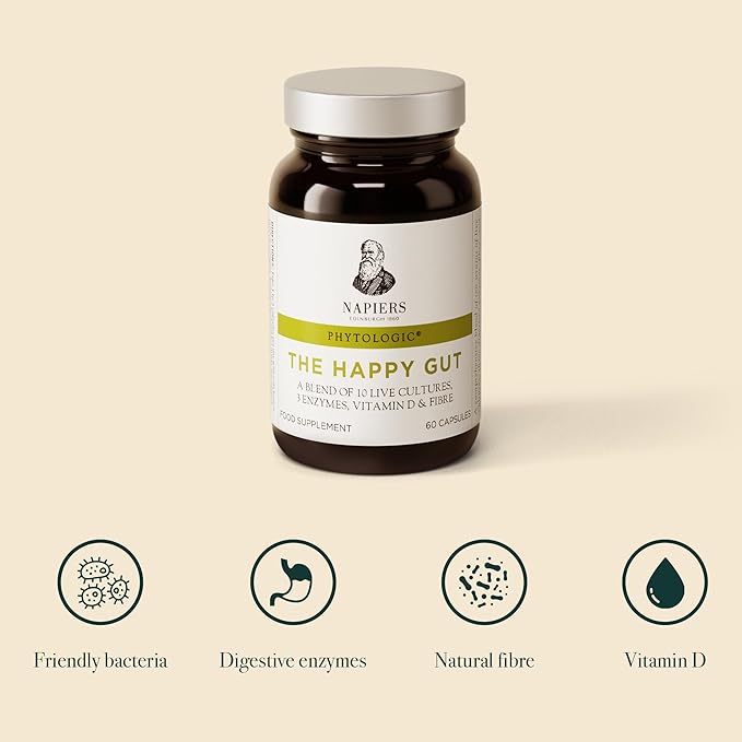 Napiers Happy Gut probiotic supplement bottle with benefit icons for friendly bacteria, digestive enzymes, natural fibre, and vitamin D