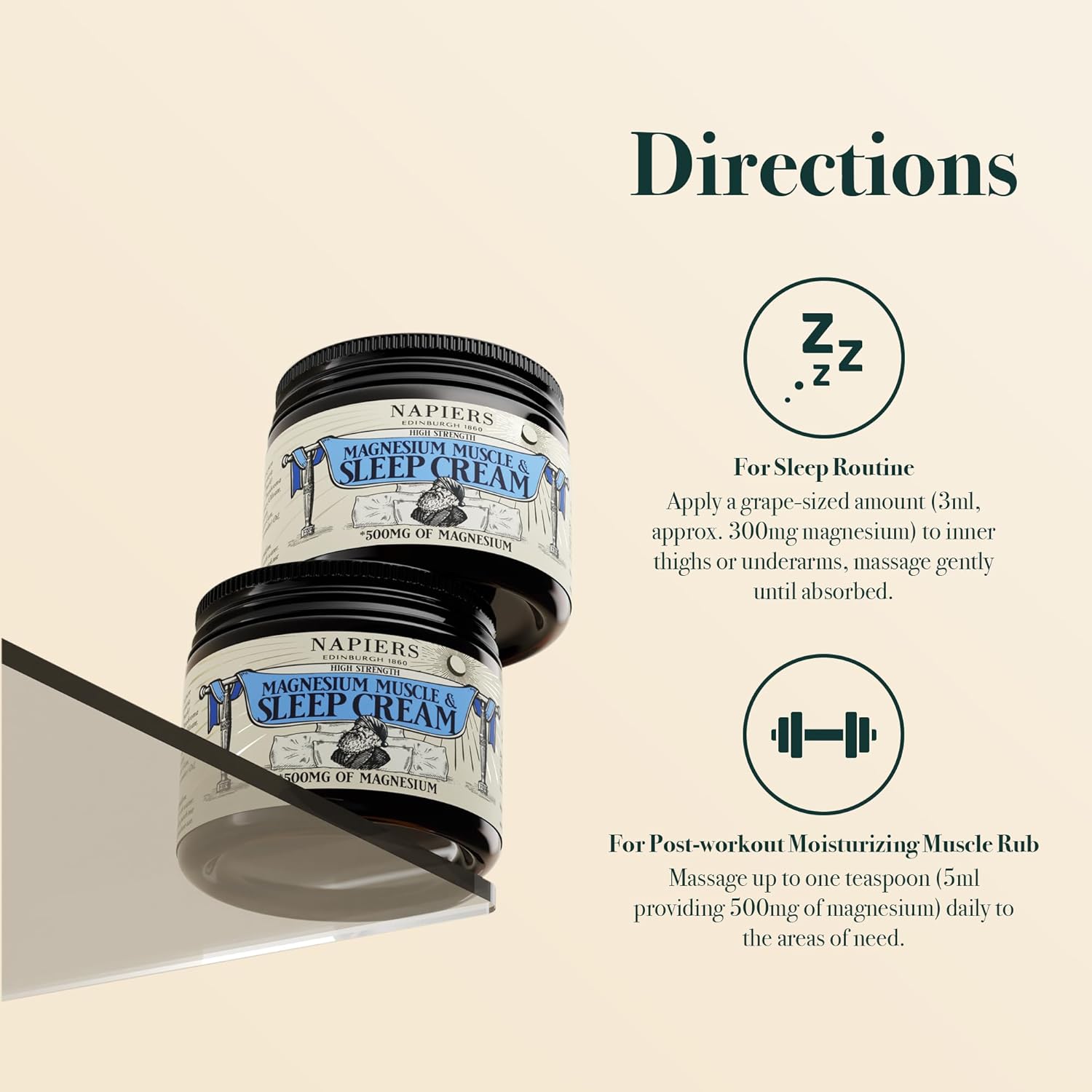 Twin pack of Napiers Magnesium Muscle & Sleep Cream jars with application directions and sleep icons