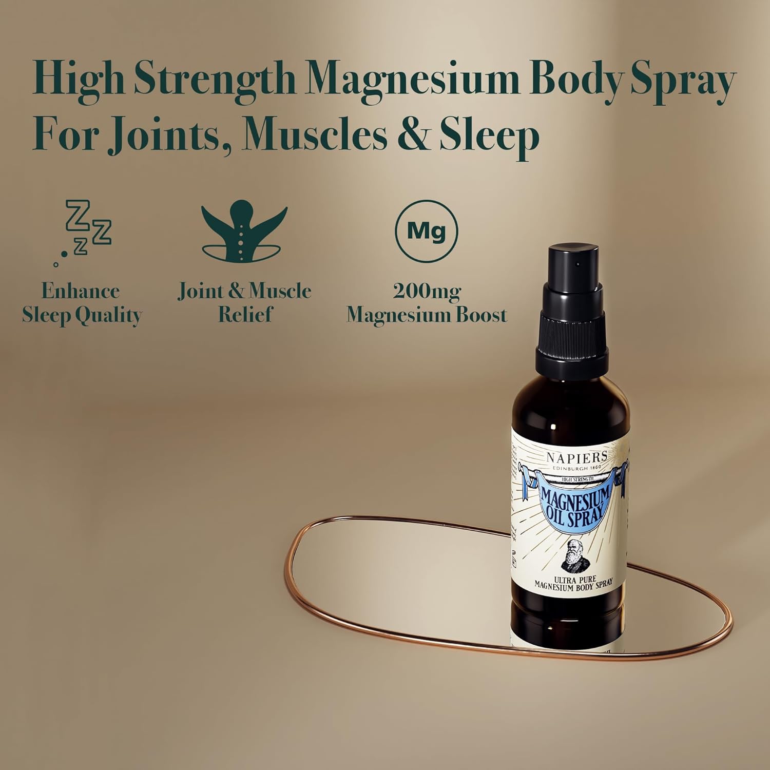 Napiers Magnesium Oil Spray bottle with benefits icons for sleep, joint relief and 200mg magnesium boost