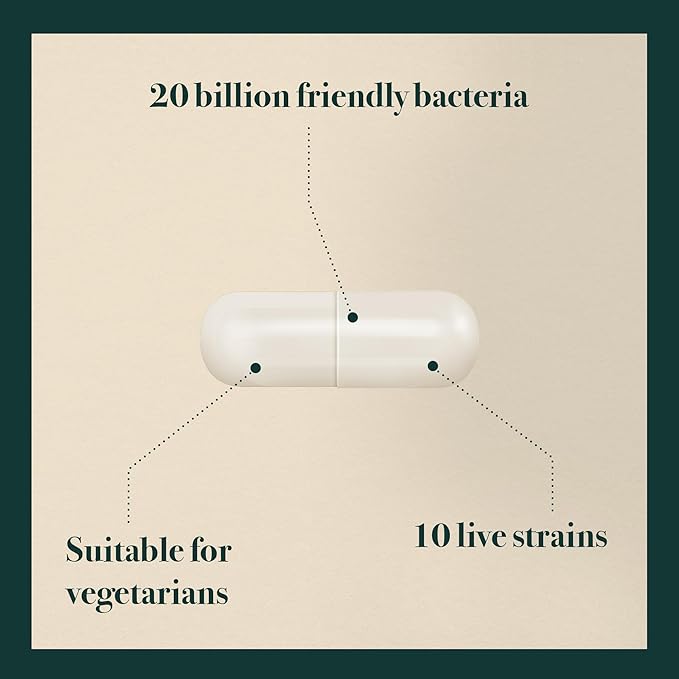 Happy Gut capsule illustration showing 20 billion friendly bacteria, 10 live strains, and suitable for vegetarians