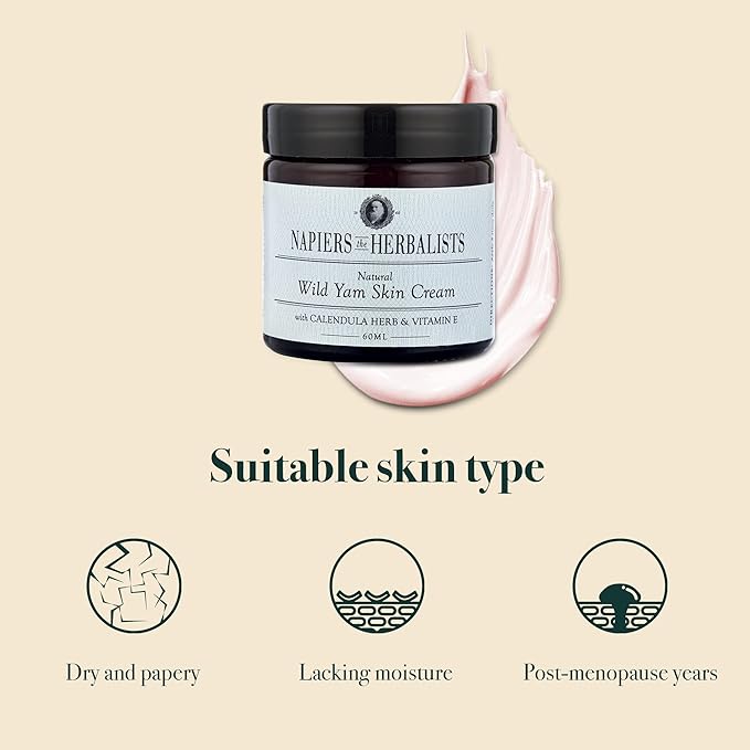 Napiers Wild Yam Skin Cream with pink swatch showing suitability for dry, lacking moisture and post-menopause skin