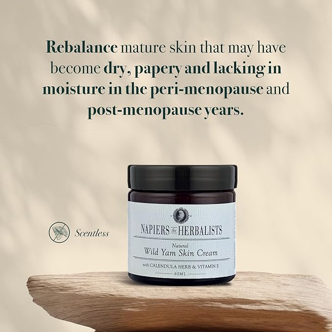 Napiers Natural Wild Yam Skin Cream jar with pale green label on wooden surface, marked scentless