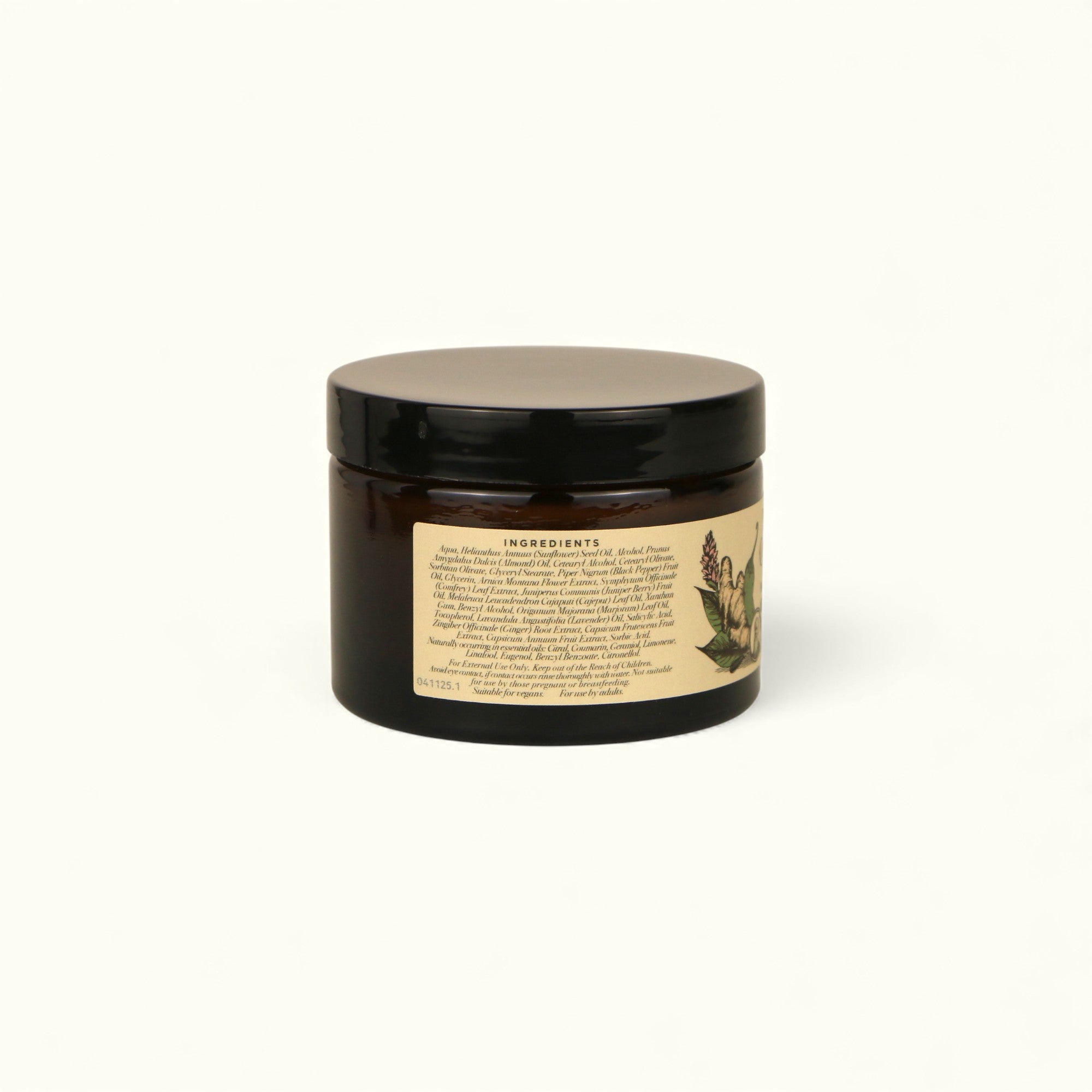 Back label of Napiers Capsicum and Ginger Double Strength Warming Cream showing ingredients list