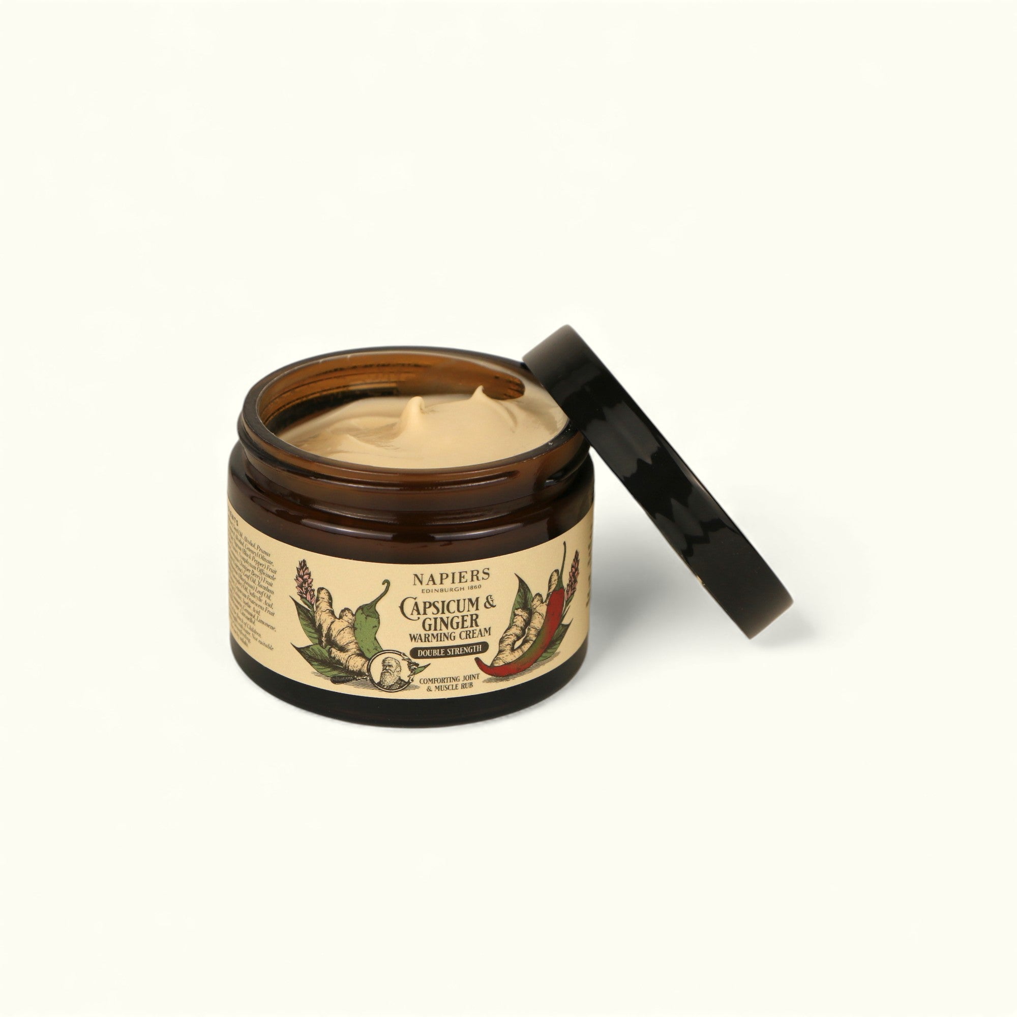 Open jar of Napiers Capsicum and Ginger Double Strength Warming Cream revealing pale warming rub texture