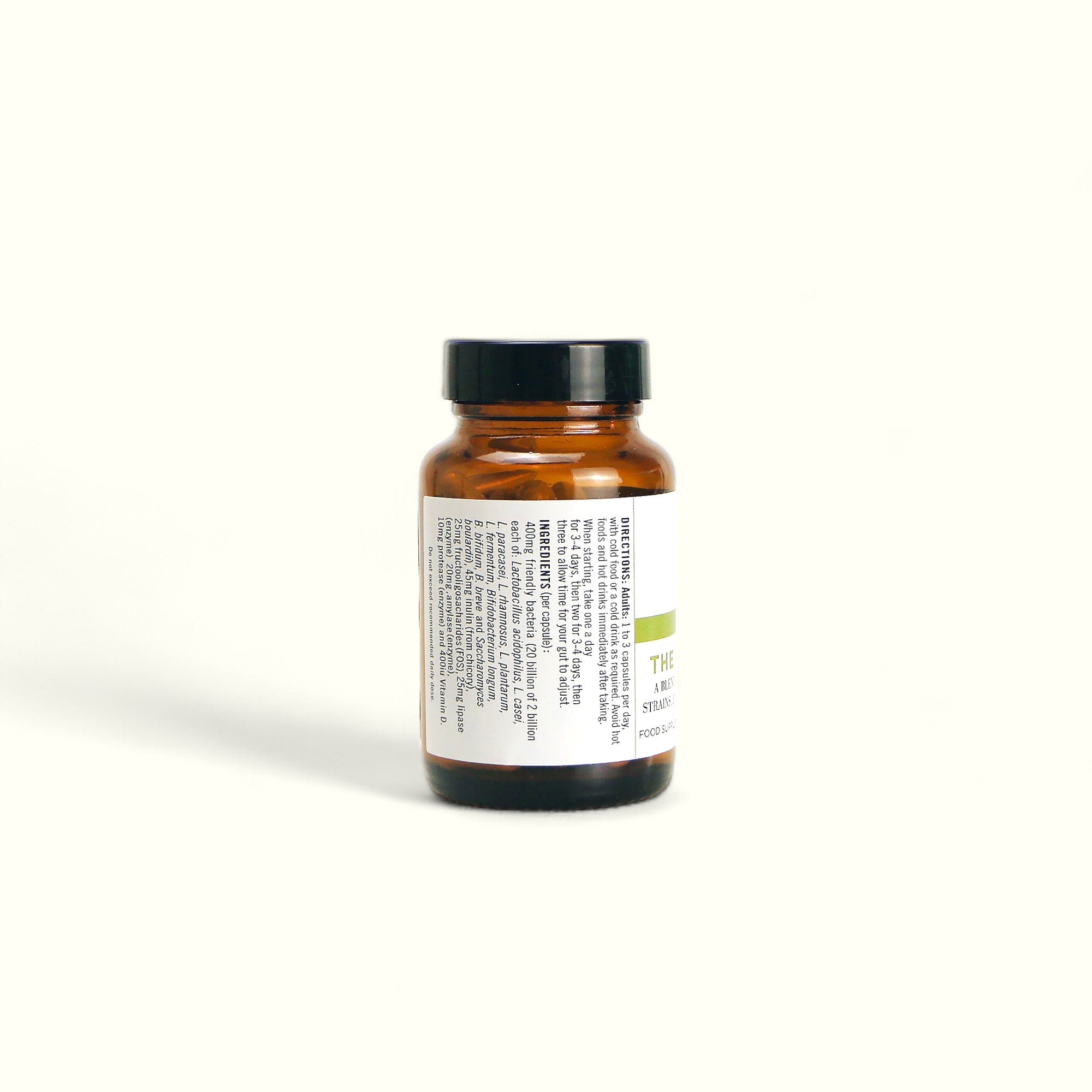 Napiers Happy Gut capsule bottle rear label displaying detailed directions and ingredient list information