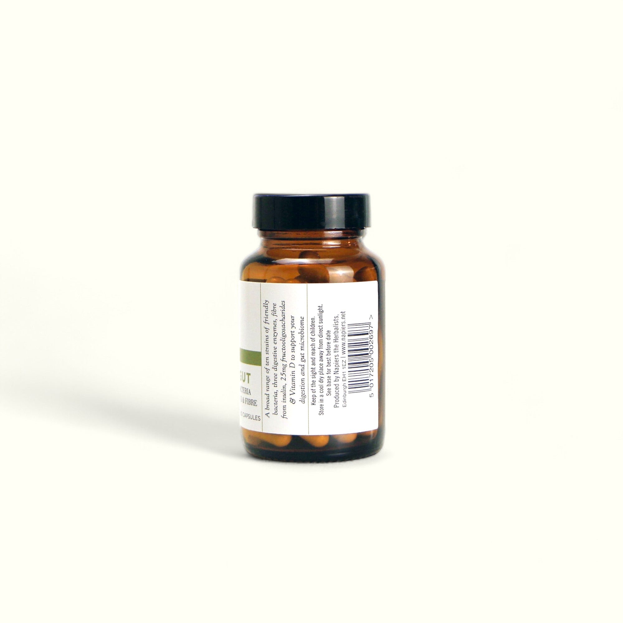 Napiers Happy Gut supplement bottle showing side panel with nutritional information and usage details