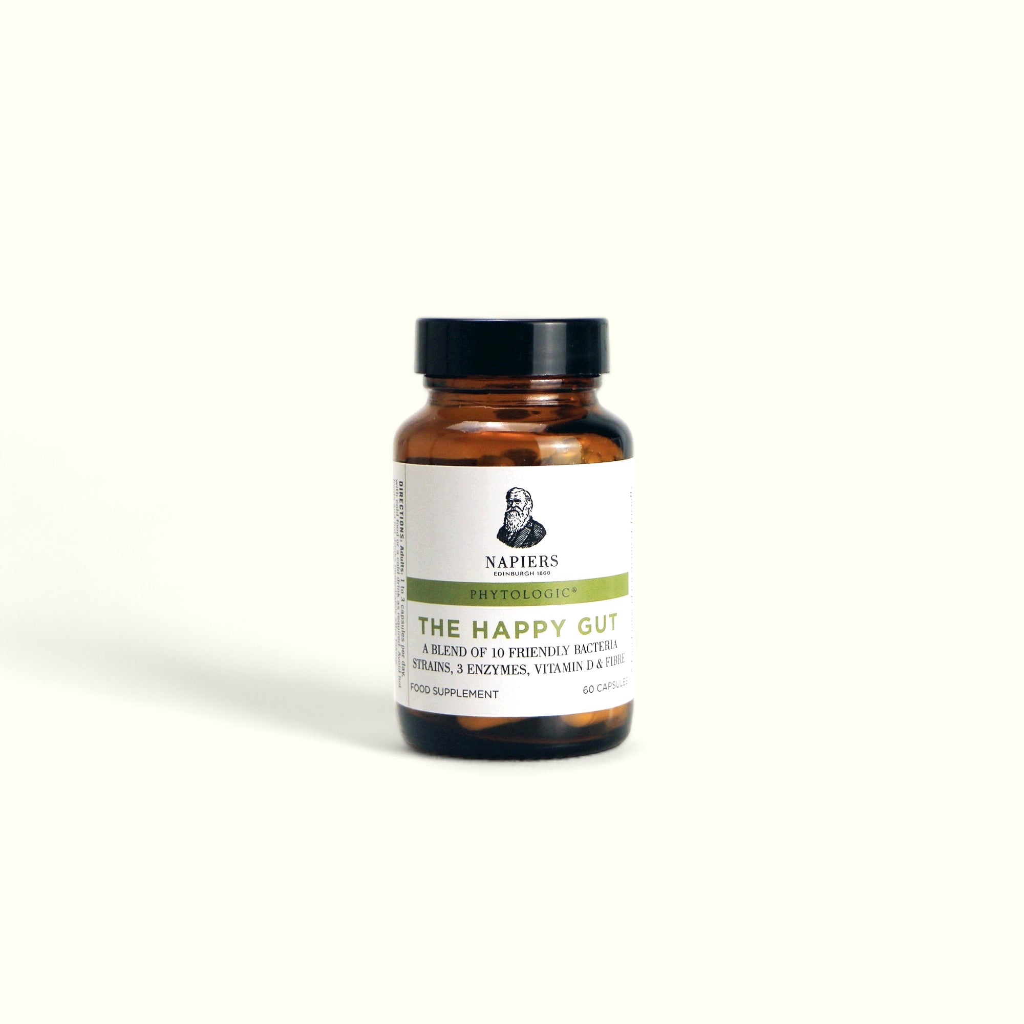 Napiers The Happy Gut 60 capsules probiotic supplement in amber glass bottle with black cap