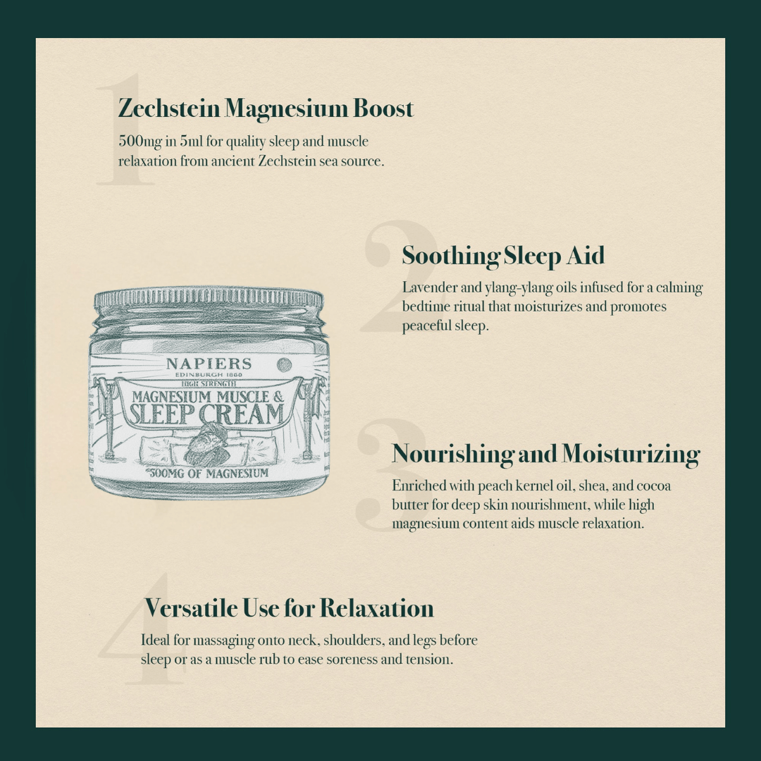 Napiers Magnesium Muscle & Sleep Cream jar with Zechstein magnesium boost and soothing sleep aid information
