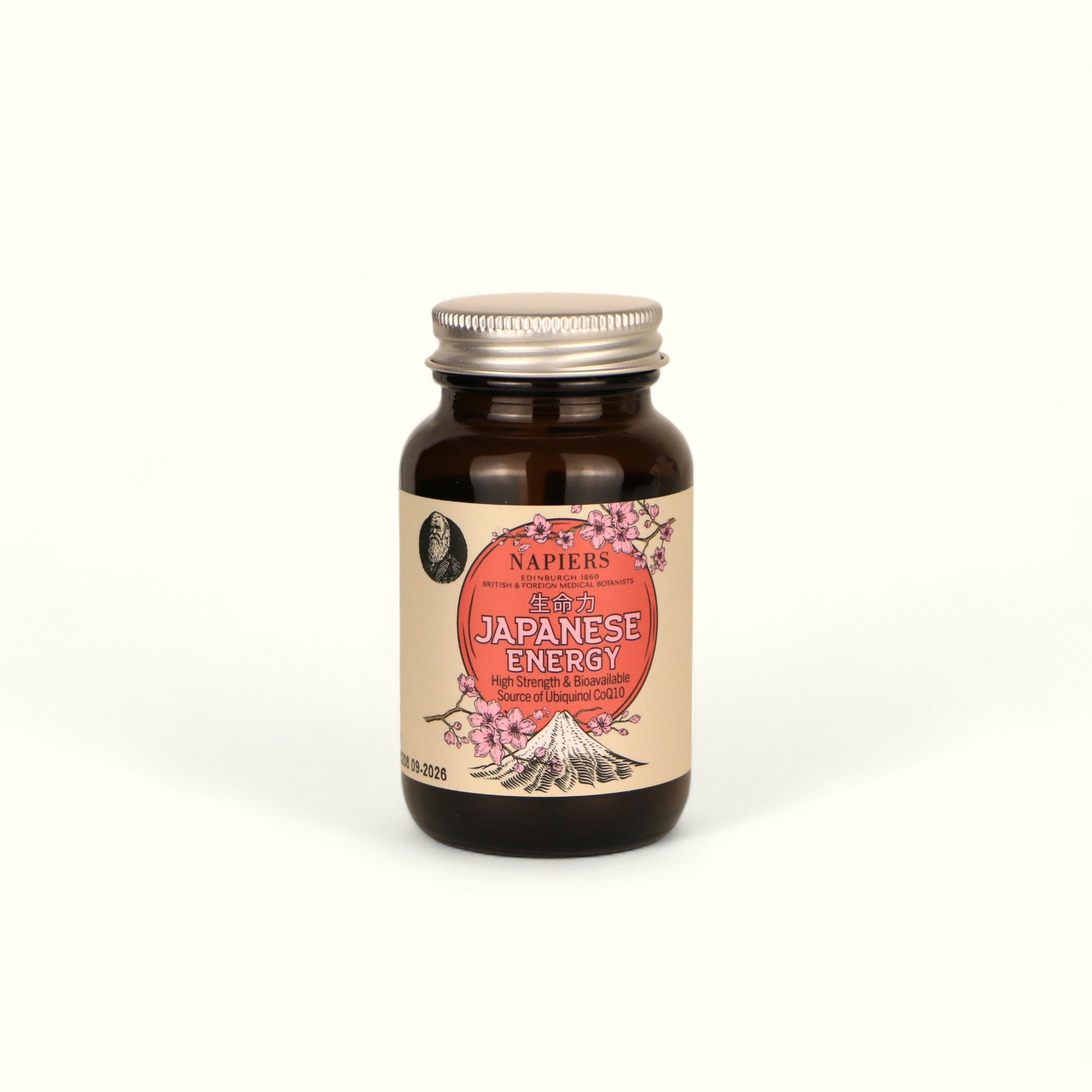 Napiers Japanese Energy CoQ10 supplement bottle with red circular label and floral design