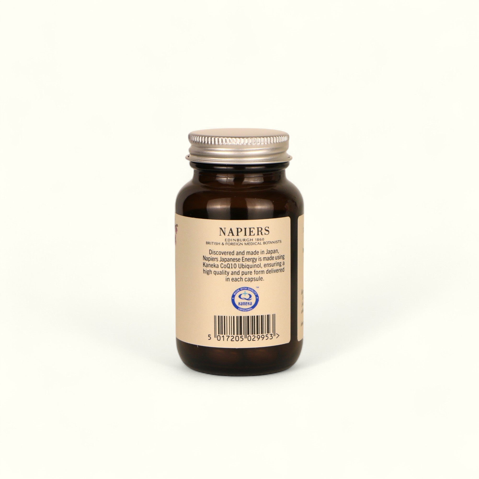 Napiers Japanese Energy bottle back label with product description and Kaneka certification