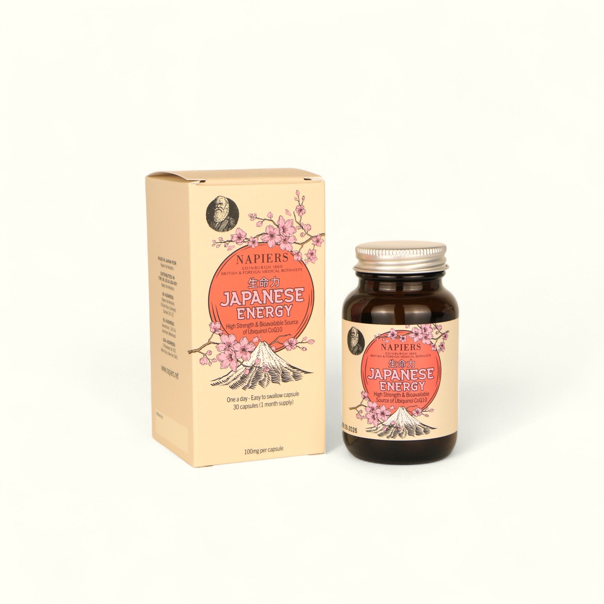 Napiers Japanese Energy CoQ10 packaging with cream box and dark glass bottle with silver cap