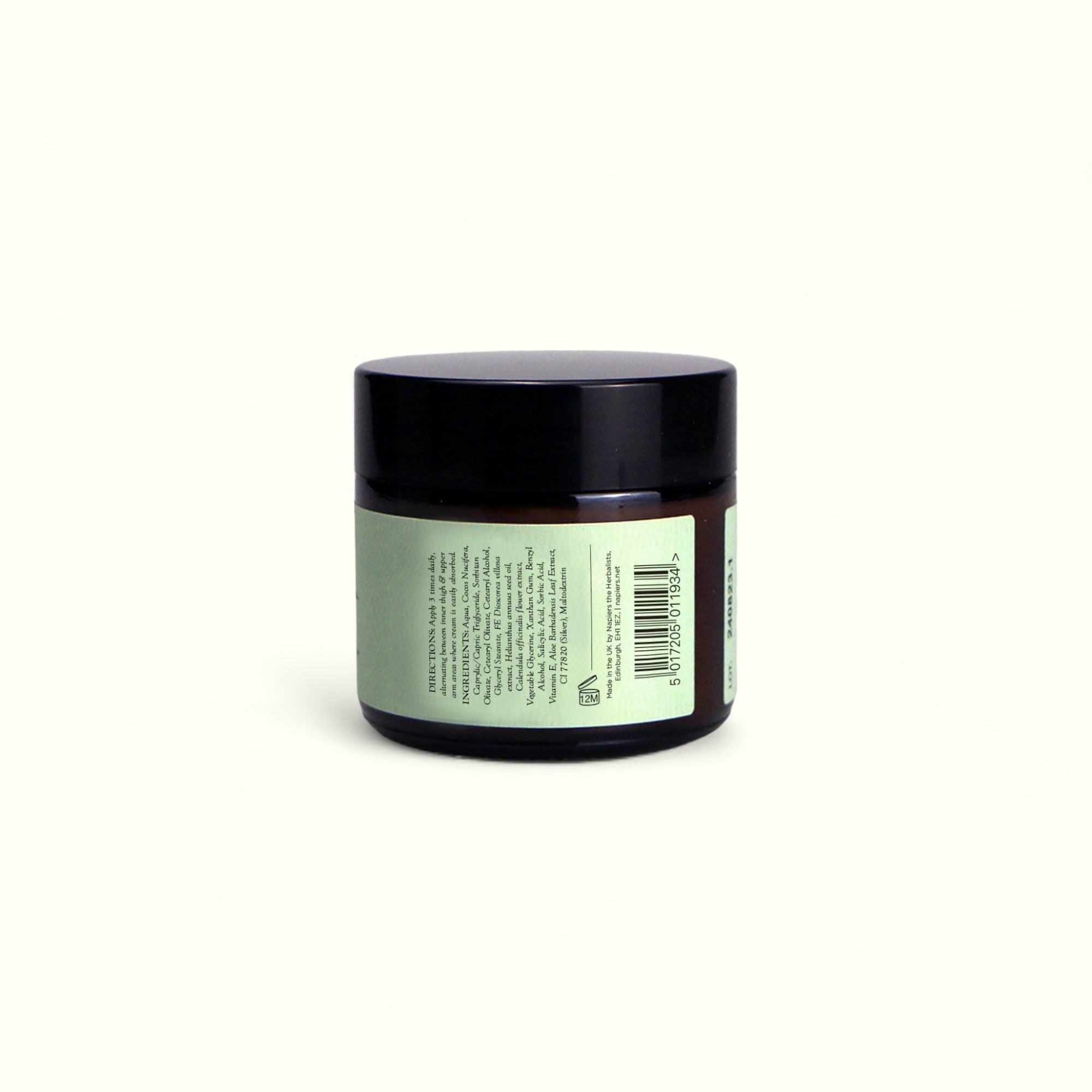 Reverse side of Napiers Wild Yam Skin Cream label displaying ingredients and barcode