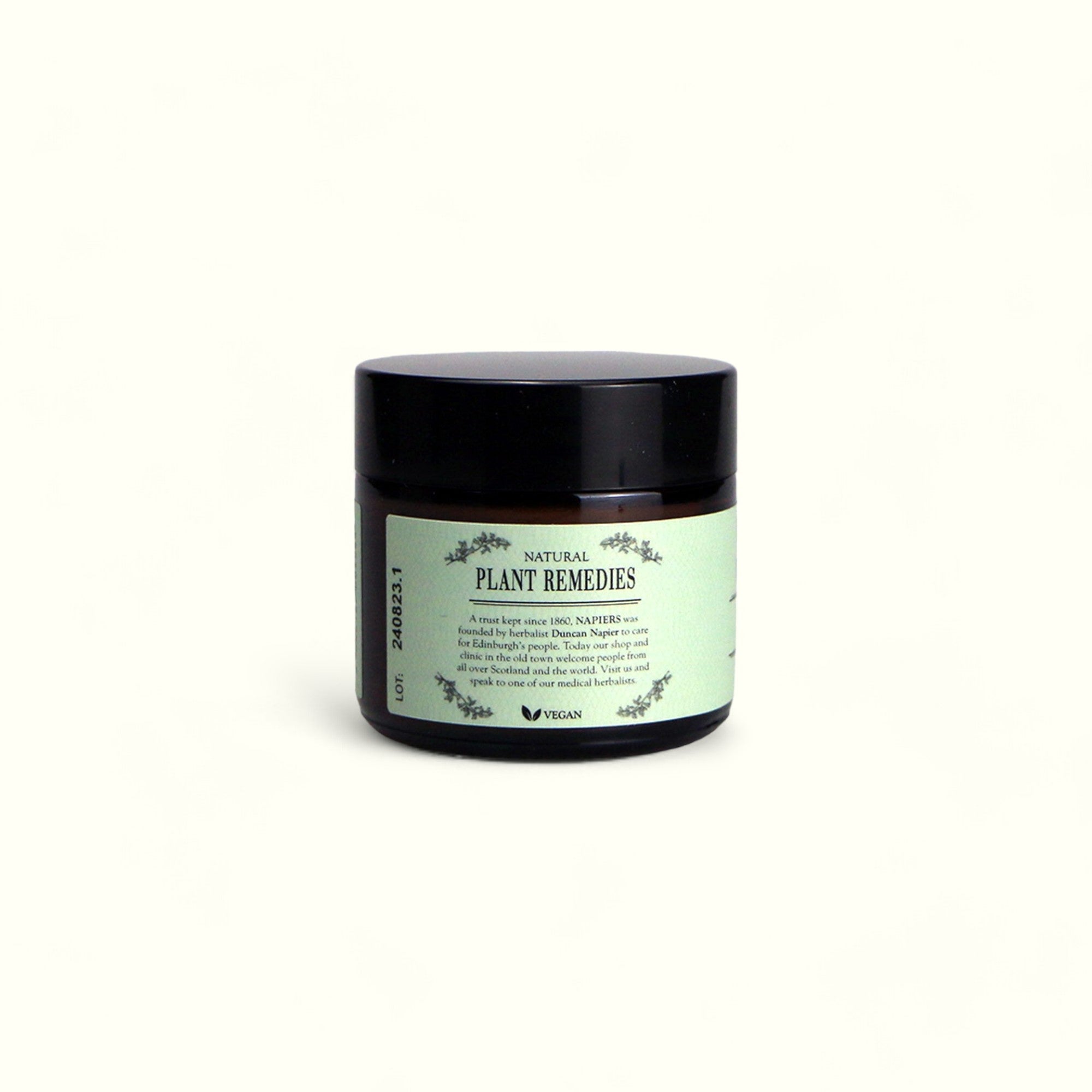 Back of Napiers Wild Yam Skin Cream jar showing product information, vegan symbol and heritage branding