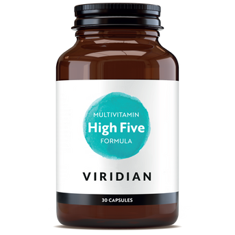 Viridian High Five Multivitamin brown glass bottle with turquoise label, 30 capsules