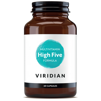 Viridian High Five Multivitamin brown glass bottle with turquoise label, 60 capsules