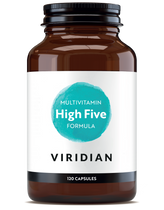 Viridian High Five Multivitamin brown glass bottle with turquoise label, 120 capsules