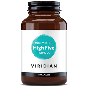 Viridian High Five Multivitamin brown glass bottle with turquoise label, 120 capsules
