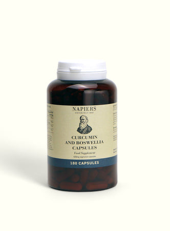 Napiers Curcumin & Boswellia Capsules dark glass bottle with cream label and white cap, 180 capsules