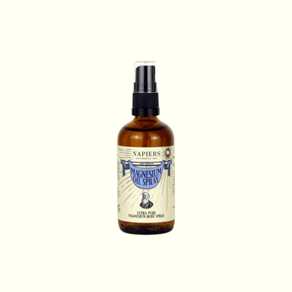 Napiers Magnesium Oil Spray amber bottle with black spray pump and cream label