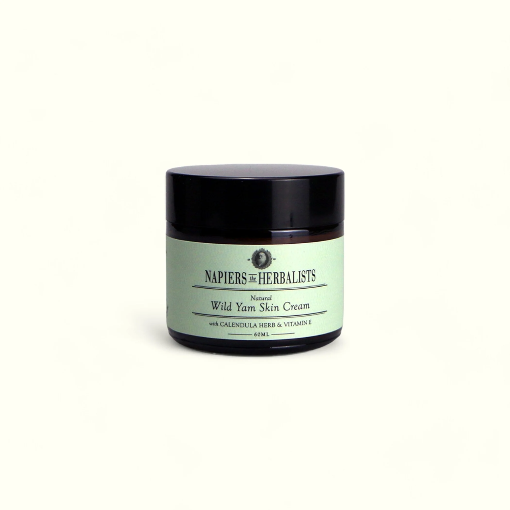 Napiers Wild Yam Skin Cream in black-lidded pale green jar with 60ml capacity