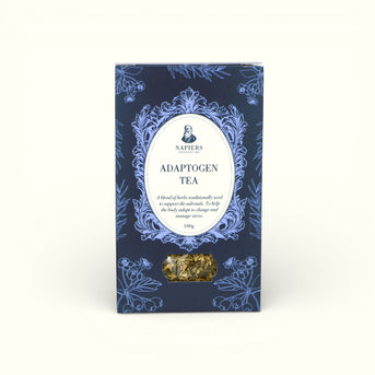Napiers Adaptogen Tea 100g box with navy blue packaging, ornate floral design, and visible dried herbs through window