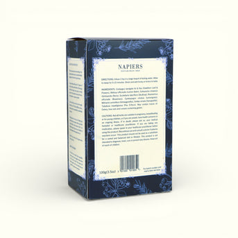 Napiers Adaptogen Tea back panel displaying directions, full ingredient list, and cautions for the herbal blend