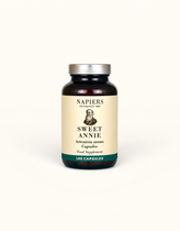 Napiers Artemisia Annua 350mg capsules in dark glass bottle with cream label and silver cap, 100 capsules