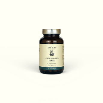 Napiers Ashwagandha KSM-66 amber glass bottle with cream label, 60 capsules