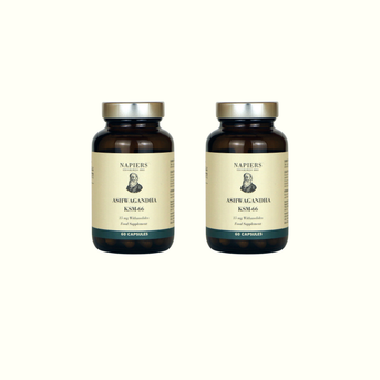 Twin pack of Napiers Ashwagandha KSM-66 bottles, 60 capsules each with savings offer