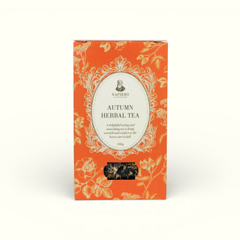 Napiers Autumn Herbal Tea 100g box with orange floral design and cream oval label