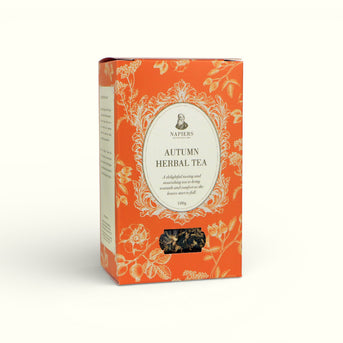 Napiers Autumn Herbal Tea box shown at three-quarter angle displaying orange packaging
