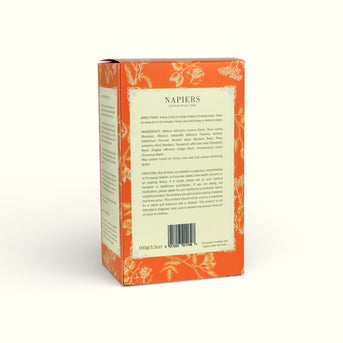 Napiers Autumn Herbal Tea box back showing ingredients, directions and cautions information