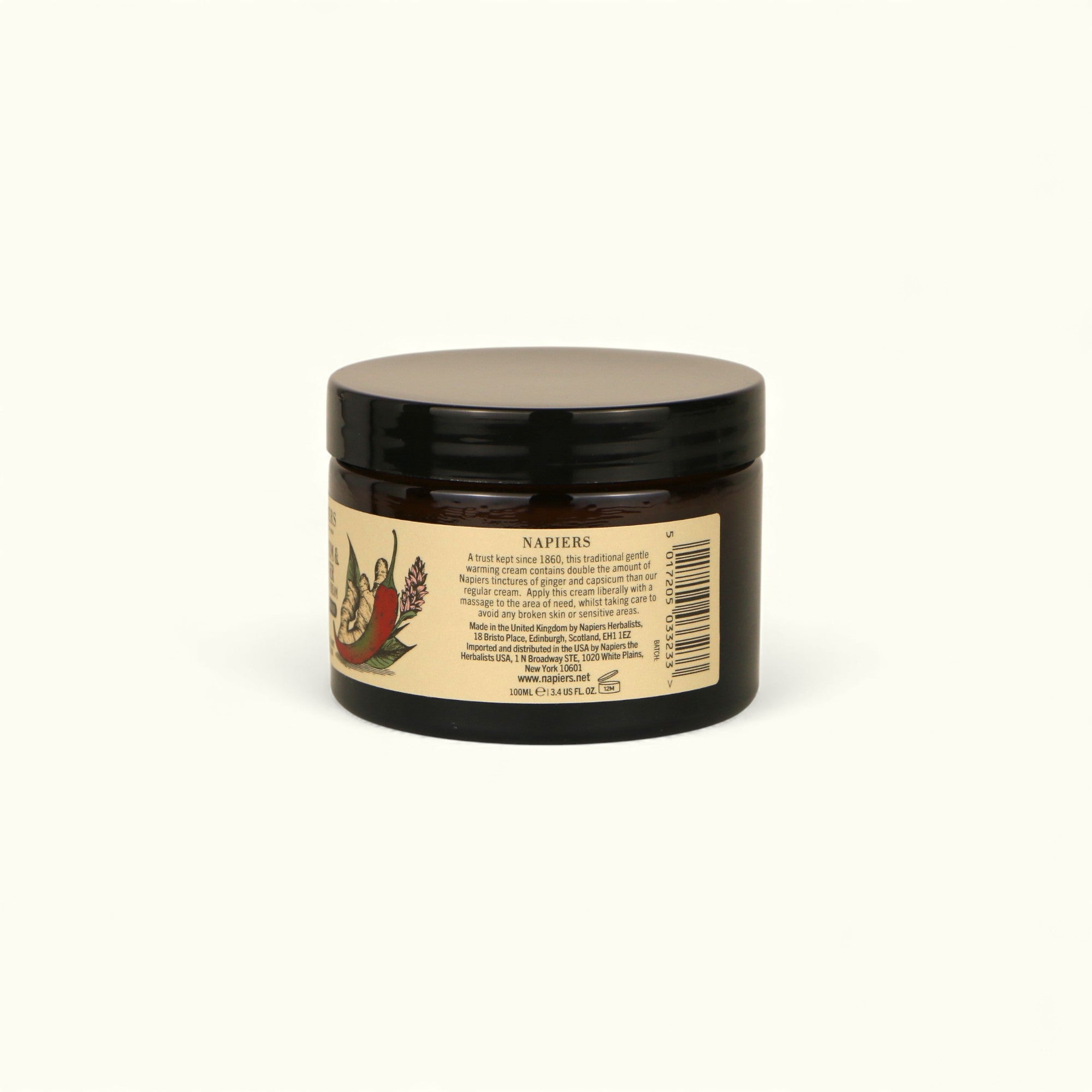 Side view of Napiers Capsicum and Ginger Double Strength Warming Cream jar with product information