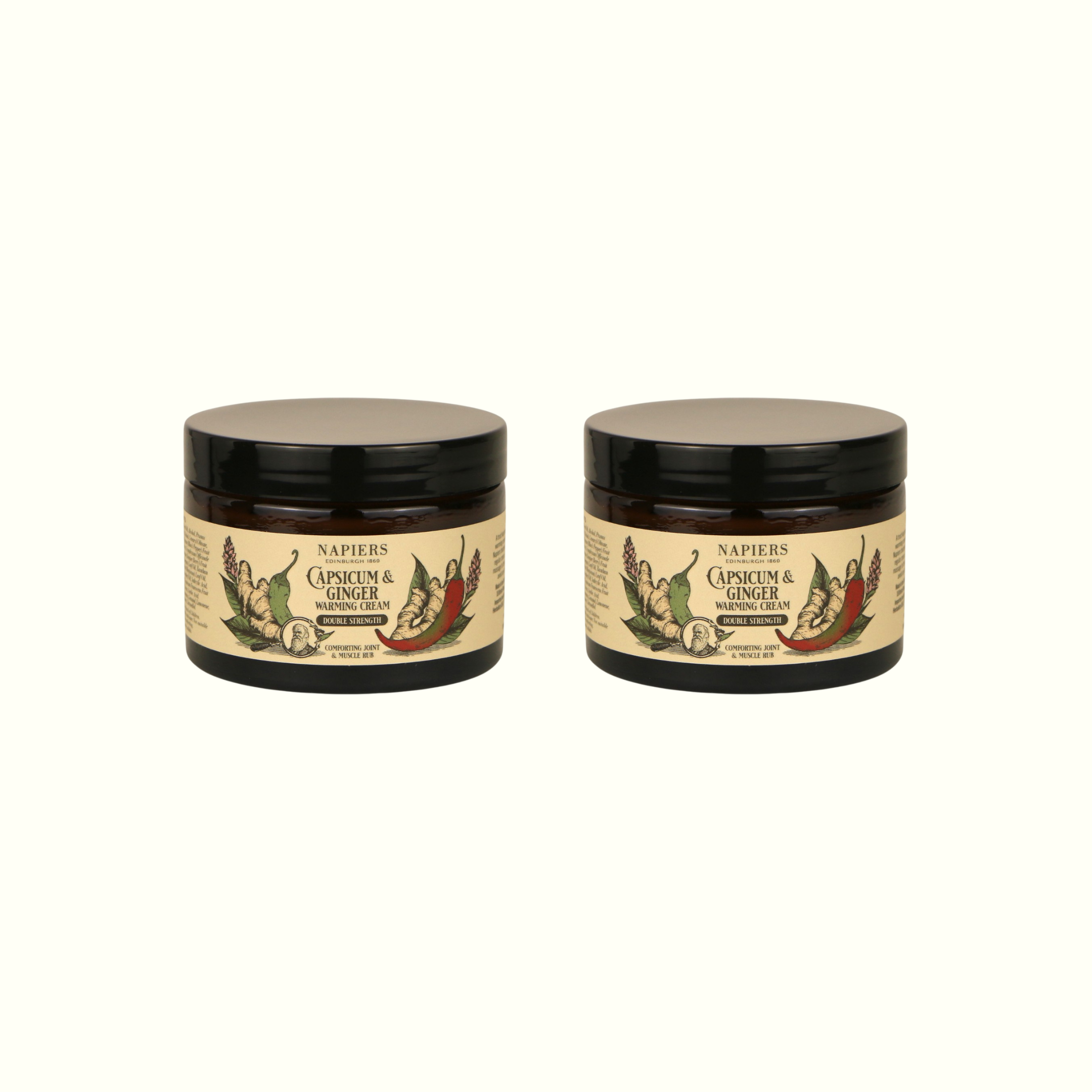 Twin pack of Napiers Capsicum and Ginger Double Strength Warming Cream jars side by side