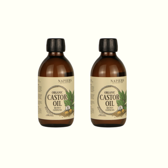 Twin pack of Napiers Organic Castor Oil 250ml bottles with amber glass and cream labels featuring castor plant illustration