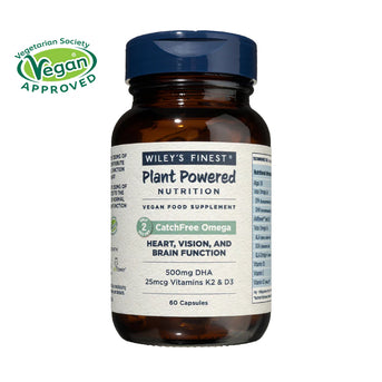Wiley's Finest CatchFree Omega vegan supplement bottle with 60 capsules, featuring Vegetarian Society vegan approved logo and dark amber glass container