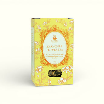 Napiers Chamomile Flower Tea 100g box angled view showing yellow floral design with loose herbs displayed in window panel