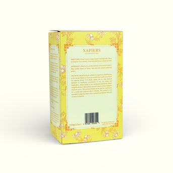 Back of Napiers Chamomile Flower Tea box displaying directions, ingredients, cautions, barcode and 100g weight on cream label