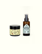 Napiers Cleansing Duo with Scottish Oat Cleansing Balm jar and Rowan Brightening Cleanser spray bottle