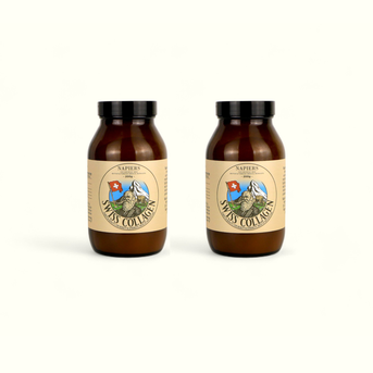 Twin pack of Napiers Swiss Collagen 200g in dark glass jars with cream labels featuring Swiss mountain design