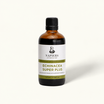 Napiers Echinacea Super Plus Compound 100ml amber glass bottle with black cap and white label featuring founder portrait