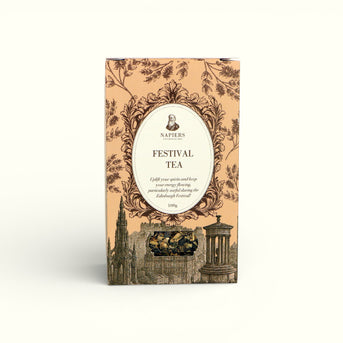 Napiers Festival Tea 100g box with cream label, Edinburgh landmarks, and visible herb blend window