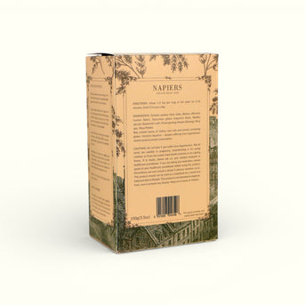 Napiers Festival Tea back of box displaying ingredients, directions, cautions, and product information