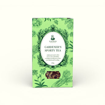 Napiers Gardeners Sporty Tea 100g loose herbal tea box with bright green packaging and botanical illustrations