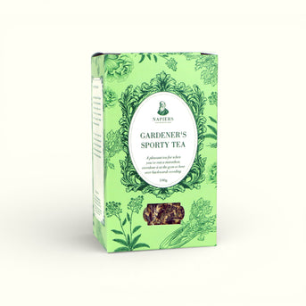 Napiers Gardeners Sporty Tea 100g box shown at angle displaying product label and loose herb window