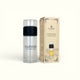 Napiers Double-Walled Glass Tea Flask with black band next to cream branded packaging box with leaf illustrations